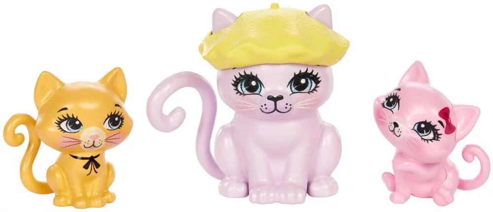 ENCHANTIMALS-COFFRET LA FAMILLE DE CARMEL CHAT AVEC 3 POUPEES, 3 FIGURINES DE CHATS ET ACCESSOIRES, PLUS DE 10 ÉLÉMENTS