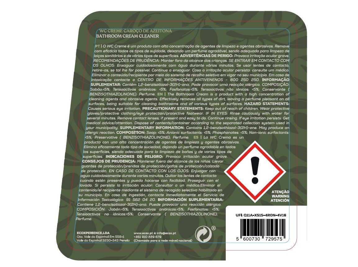 LIMPEZA CASEIRA ECOLOGICO ECOX CREME C/ CAROÃO OLIVEIRA DA SERRA 850ML