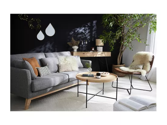 Canapé scandinave déhoussable 3 places en tissu rose clair et bois clair OSLO