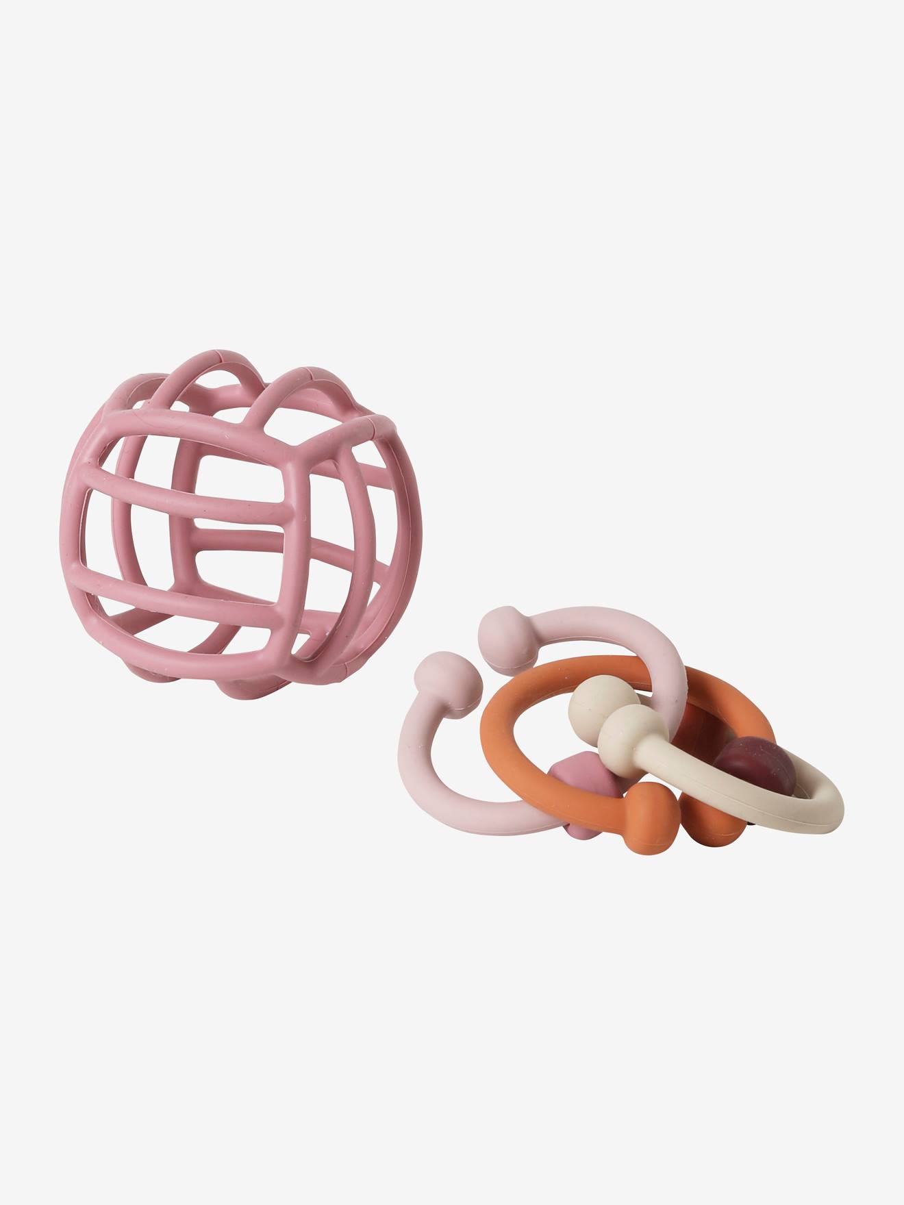 Bolas e anéis de dentição de silicone rosa claro liso