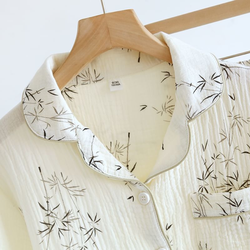 Dogini - Pyjamaset: overhemd met korte mouwen en bladprint + korte broek