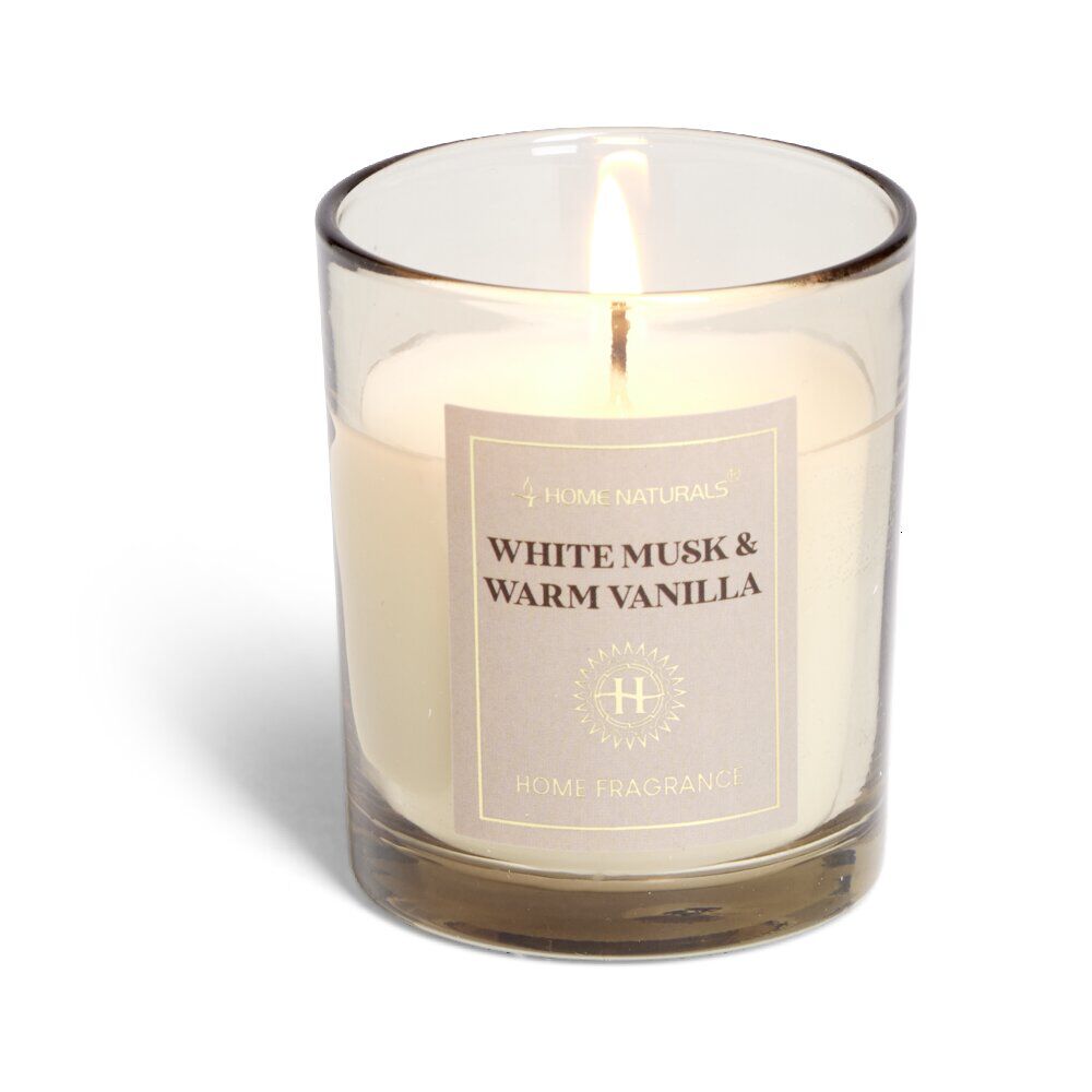 Bougie senteur musc et vanille dans pot en verre Ø6,4xH7,9cm blanc