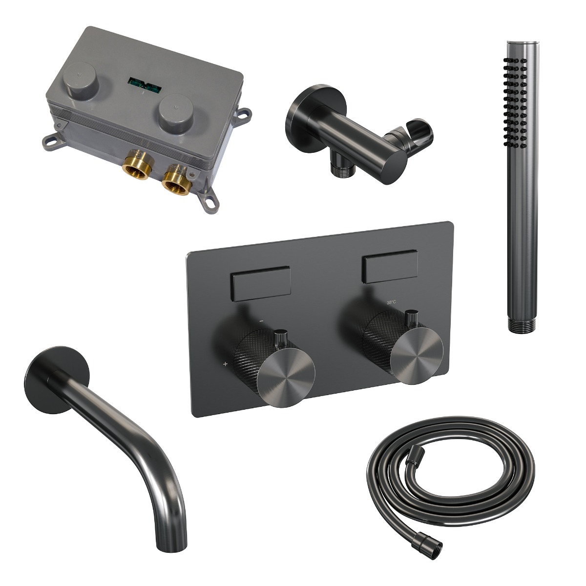 Brauer Gunmetal Carving thermostatische inbouw badkraan met uitloop en staafhanddouche set 3 gunmetal geborsteld PVD