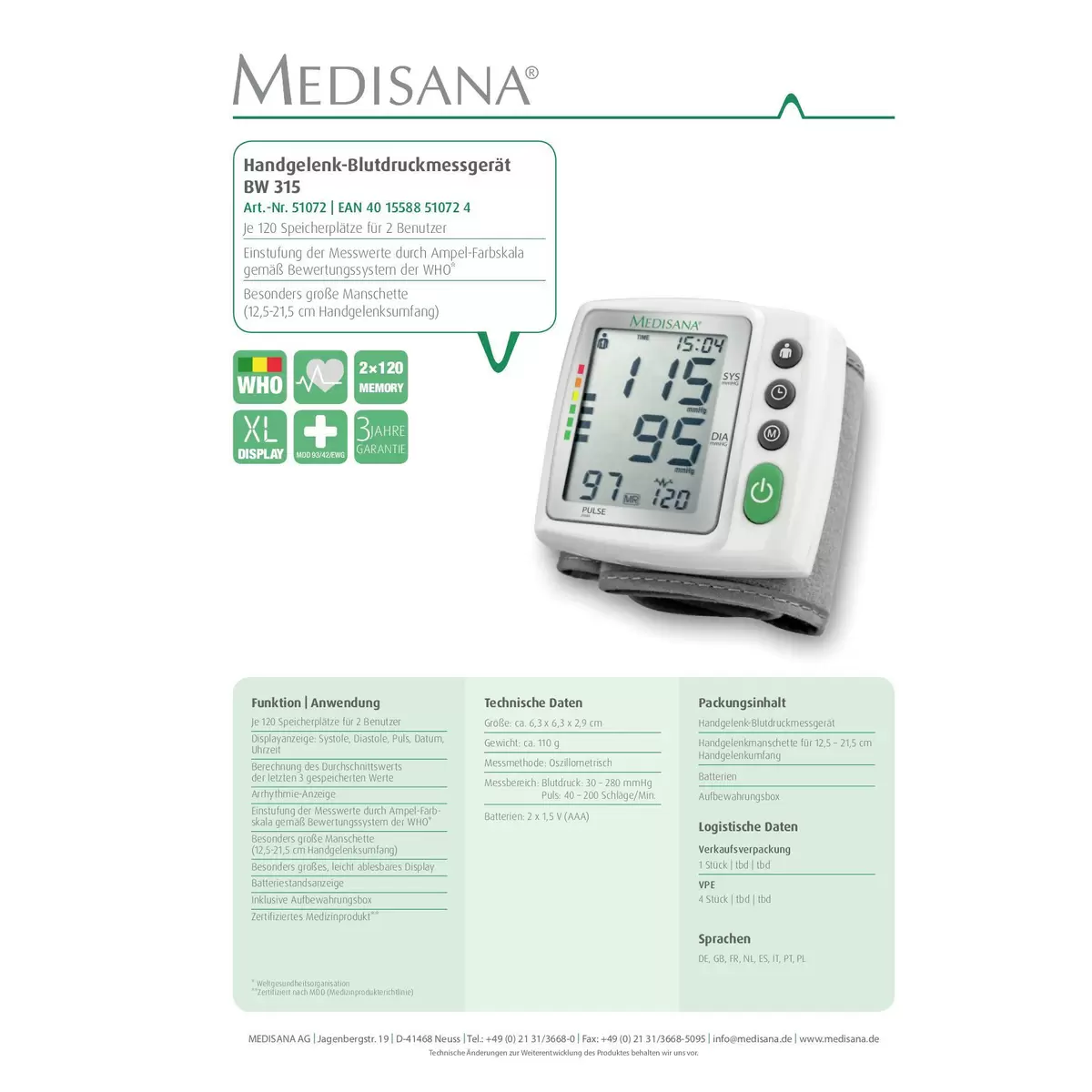 Blutdruckmessgerät BW315 Medisana weiss