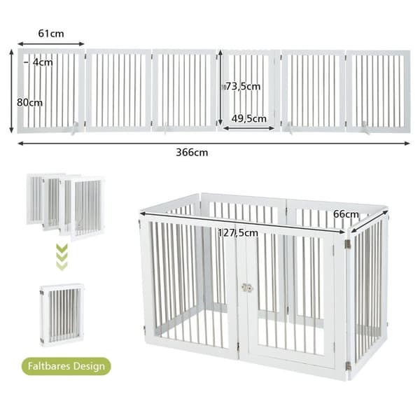 Dog Gate Lekegrind Frittstående Hundegjerde med 6 Paneler 366 x 80 cm Hvit
