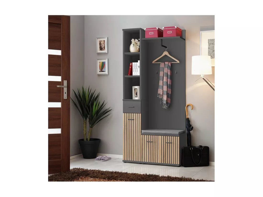 Meuble d'entrée POLO – Rangements et penderie en gris et chêne