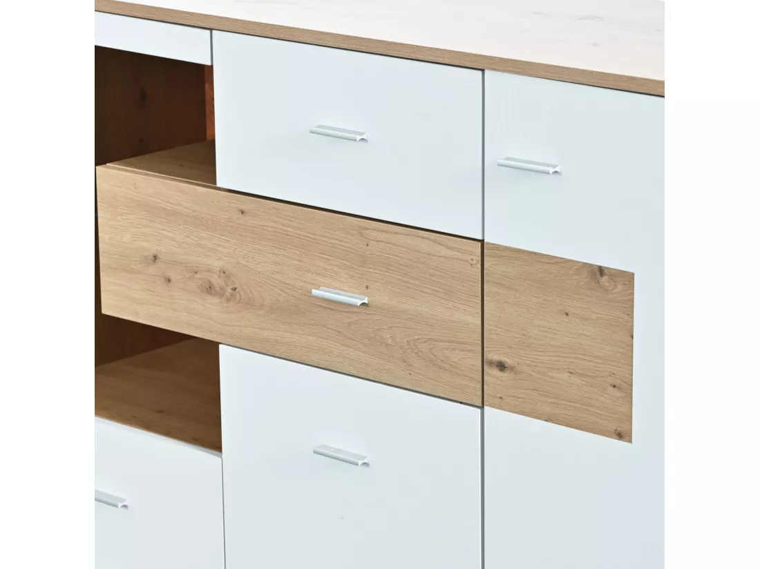 Buffet LED 160x40x77cm, armoire avec 2 portes, 4 tiroirs, étagère en verre, aspect bois meuble de salon armoire polyvalente - blanc