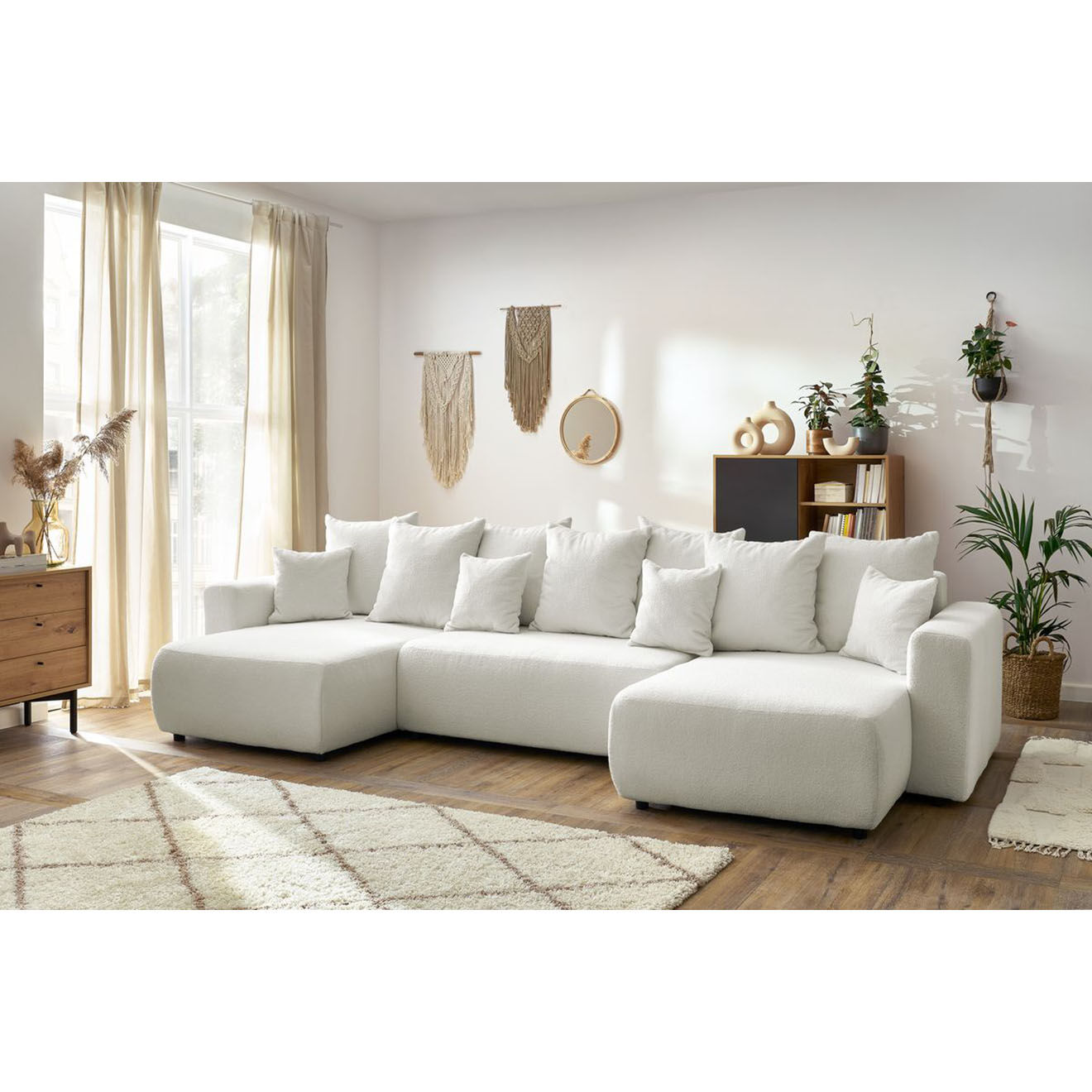 Bobochic Canapé panoramique convertible coffre bouclette envy blanc - 386x153x95 cm