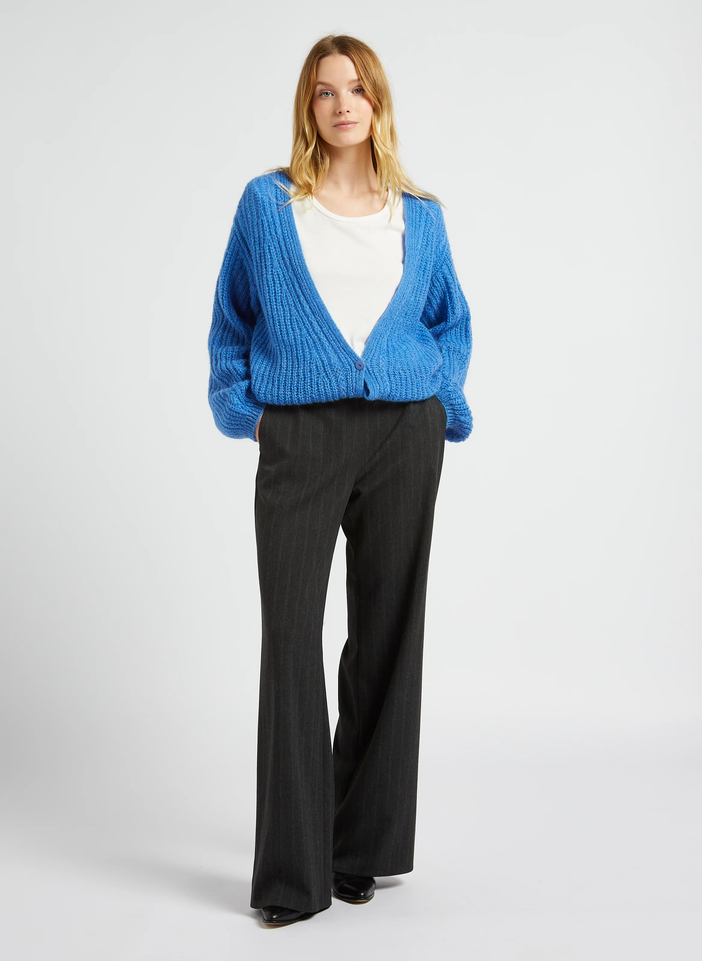 PETRO - Pantalon large rayé taille haute| Gris