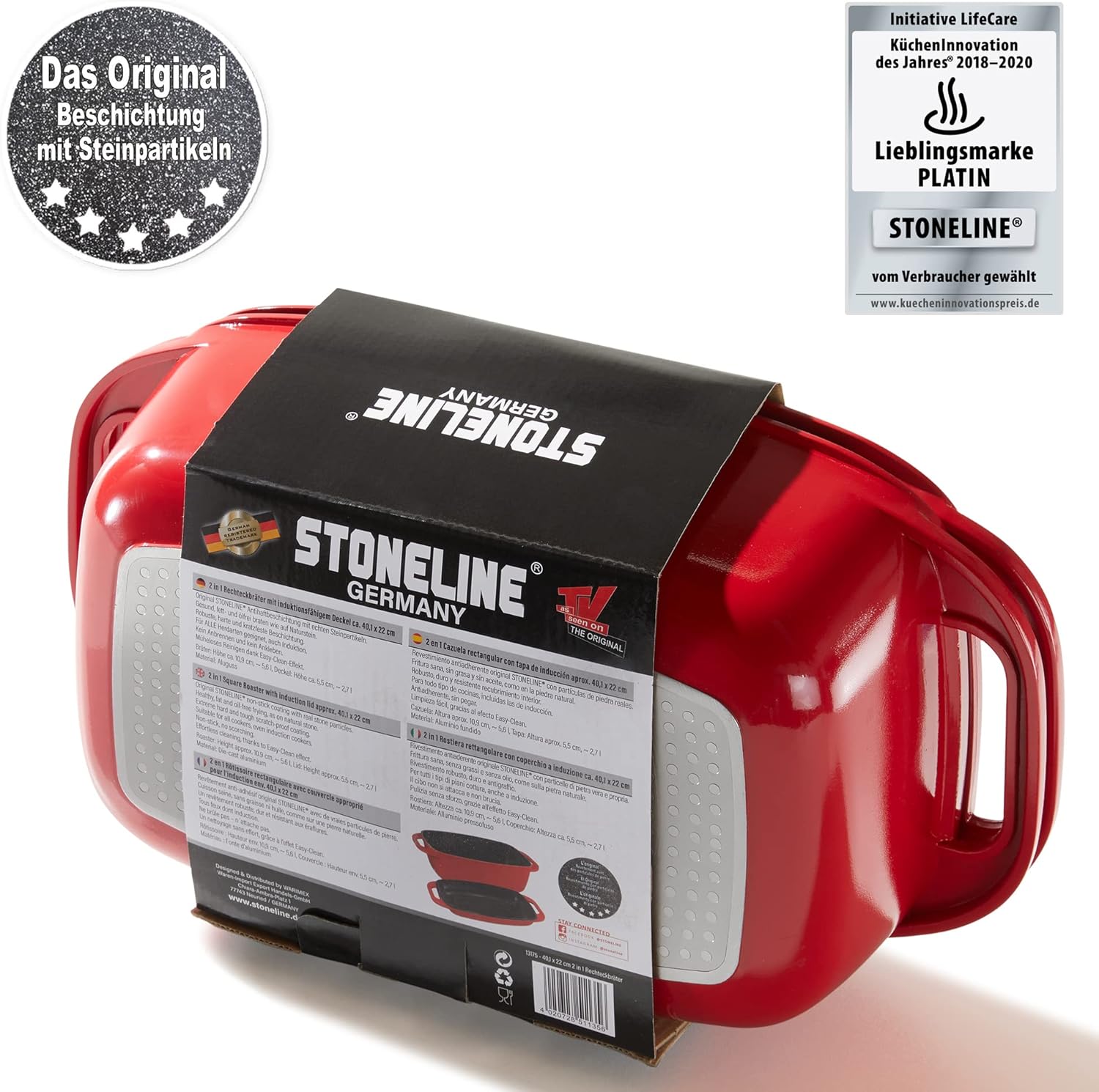 STONELINE Aluguss Bräter mit Deckel 40x22 cm, 5,8 L Bräter Induktion Backofengeeignet Für alle Herdarten, Deckel als Auflaufform verwendbar, Topf Antihaft Beschichtet mit echten Steinpartikeln, Rot