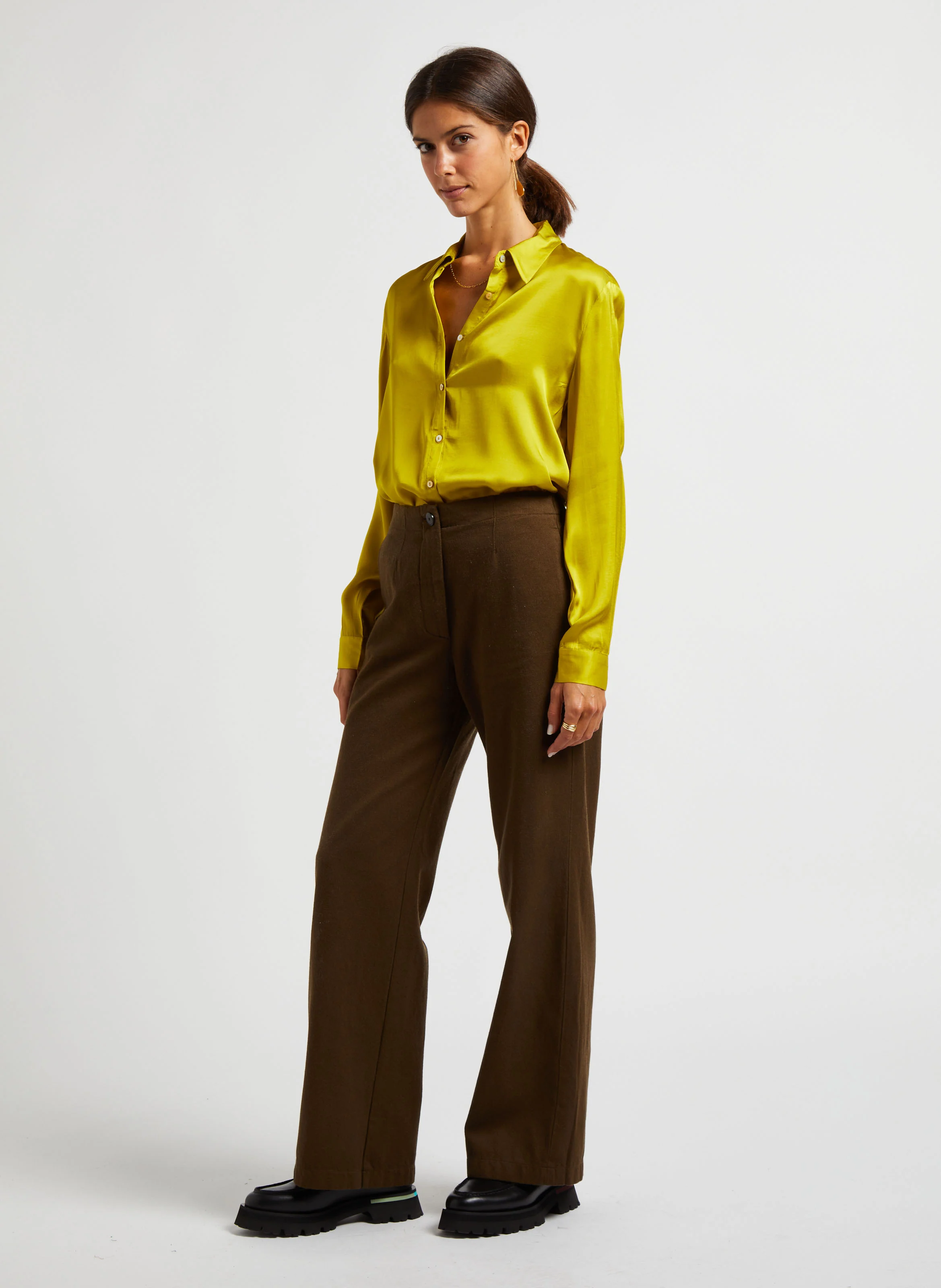 Pantalon large en laine et coton| Vert
