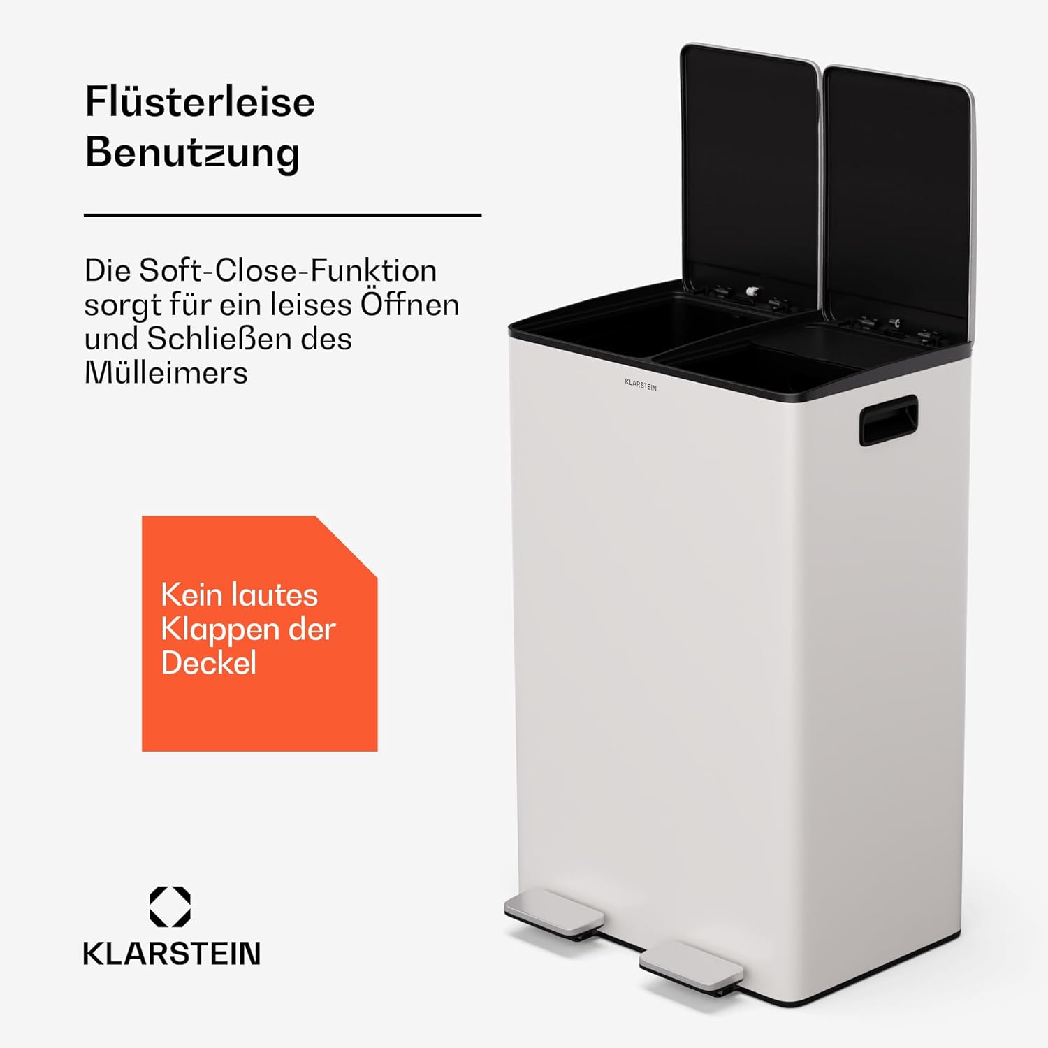 Klarstein EcoVista Mülleimer - 60L Abfalleimer mit 2 Fächern & 3L Kompostbehälter, Soft-Close, Edelstahl, Küchen-Abfalleimer, Mülltrennsystem