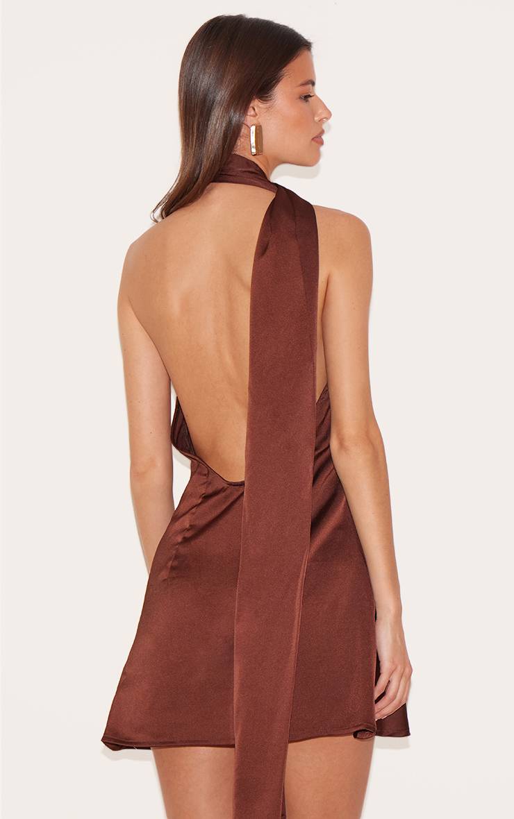 Chocolat Robe Moulante À Détail Foulard En Satin Imprimé Fleuri