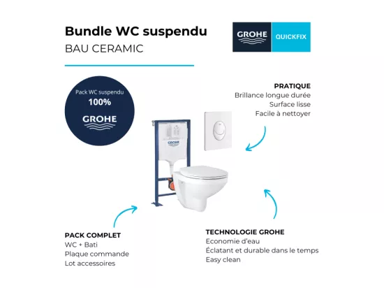 Grohe Pack WC suspendu sans bride Bau Ceramic + abattant + plaque blanche + bâti Grohe