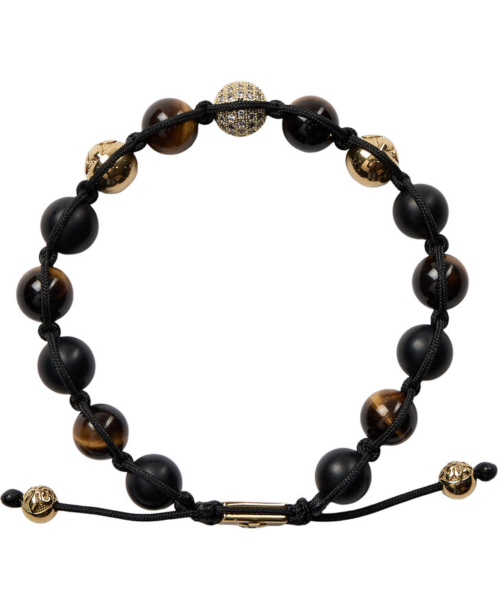 Nialaya Men's Beaded Bracelet with Gold, CZ Diamond, Matte Onyx, and Brown / gold