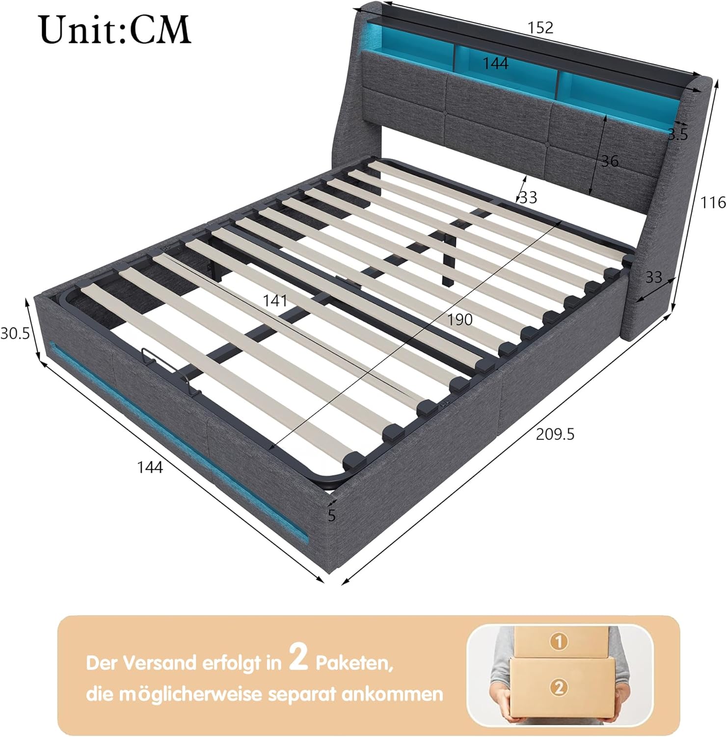 Polsterbett 140x200 cm mit LED-Kopfteil, Doppelbett mit USB und Lattenrost, Hydraulischem Stauraum und Metallrahmen, Jugendbett, Leinenstoff Grau (Ohne Matratze)