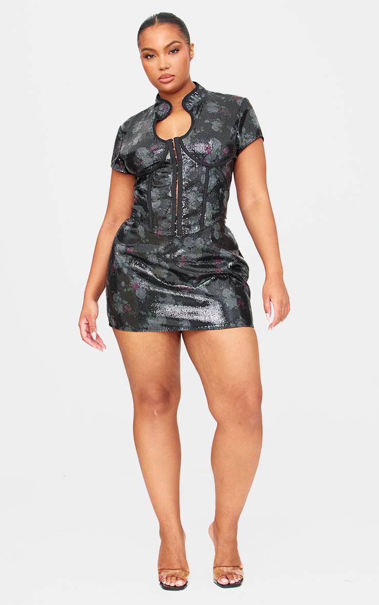 Noir Jupe Micro Mini À Sequins Imprimés Coordonnée