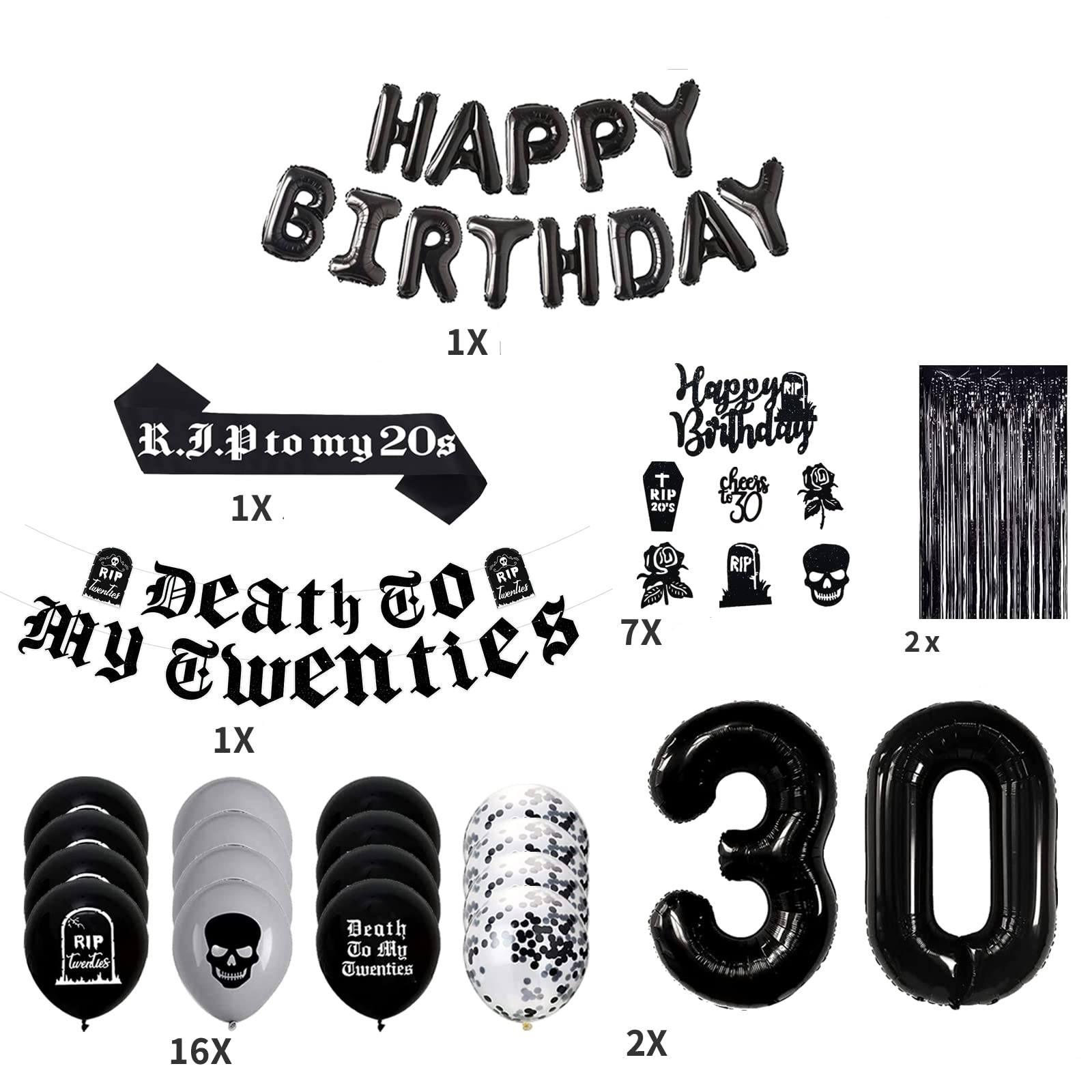 (29-tlg. Set) Death to my Twenties R.I.P Girlande 30. Geburtstag Party Deko Grusel Grabstein inkl. Latex- und Folienballons   Kuchenstecker  - Schwarz
