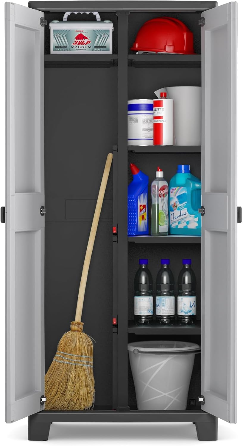 Keter Titan Kunststoffschrank/Besenschrank, Utility, schwarz/grau, 80 x 44 x 182 cm, inkl. Einlegeböden, für drinnen und draußen, wasserdicht, aus 70% recycelten Materialien