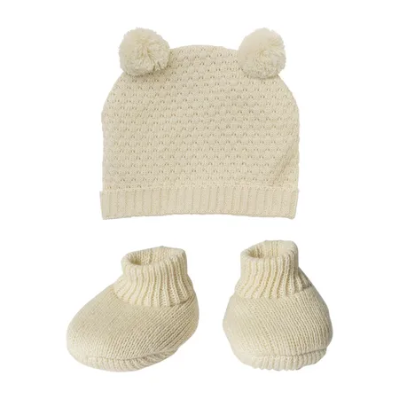 Heless Puppen-Strickset mit Bommelmütze und Strickschuhen aus 100 % Bio-Baumwolle, ecru, 2-teilig, Gr. 28-35 cm