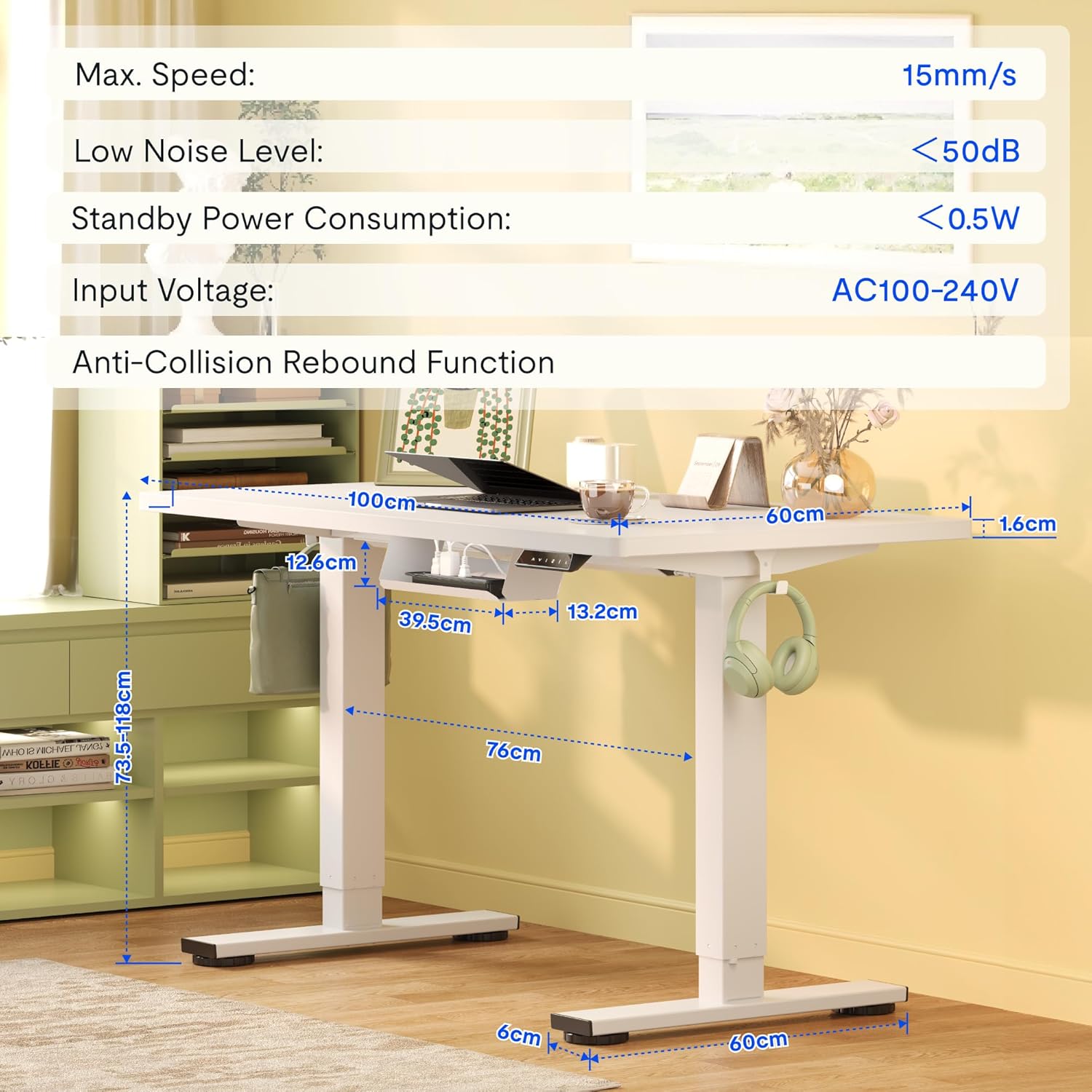 FlexiSpot Höhenverstellbarer Schreibtisch Basic–Mit Kabelmanagement, Haken und EINTEILIGER Tischplatte, Ergonomischer Homeoffice-Tisch, Bürotisch (100x60cm, Weiß)