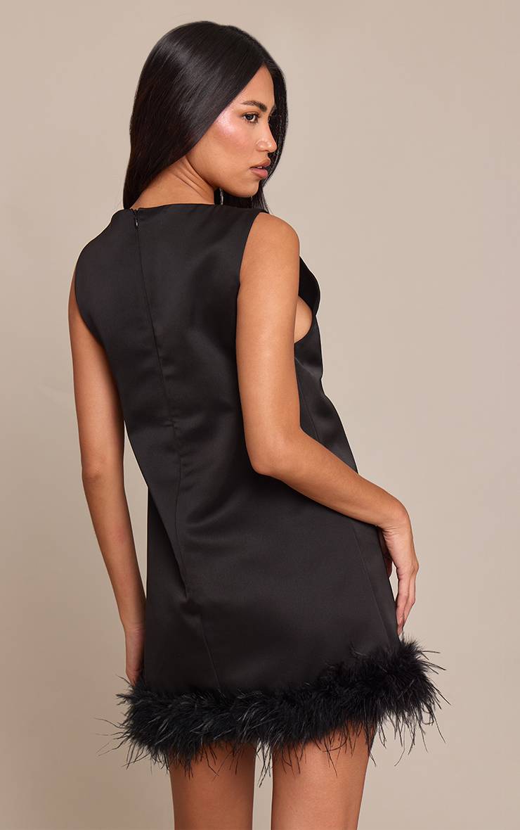 Noir Robe Droite Tissée À Ourlet Plumes
