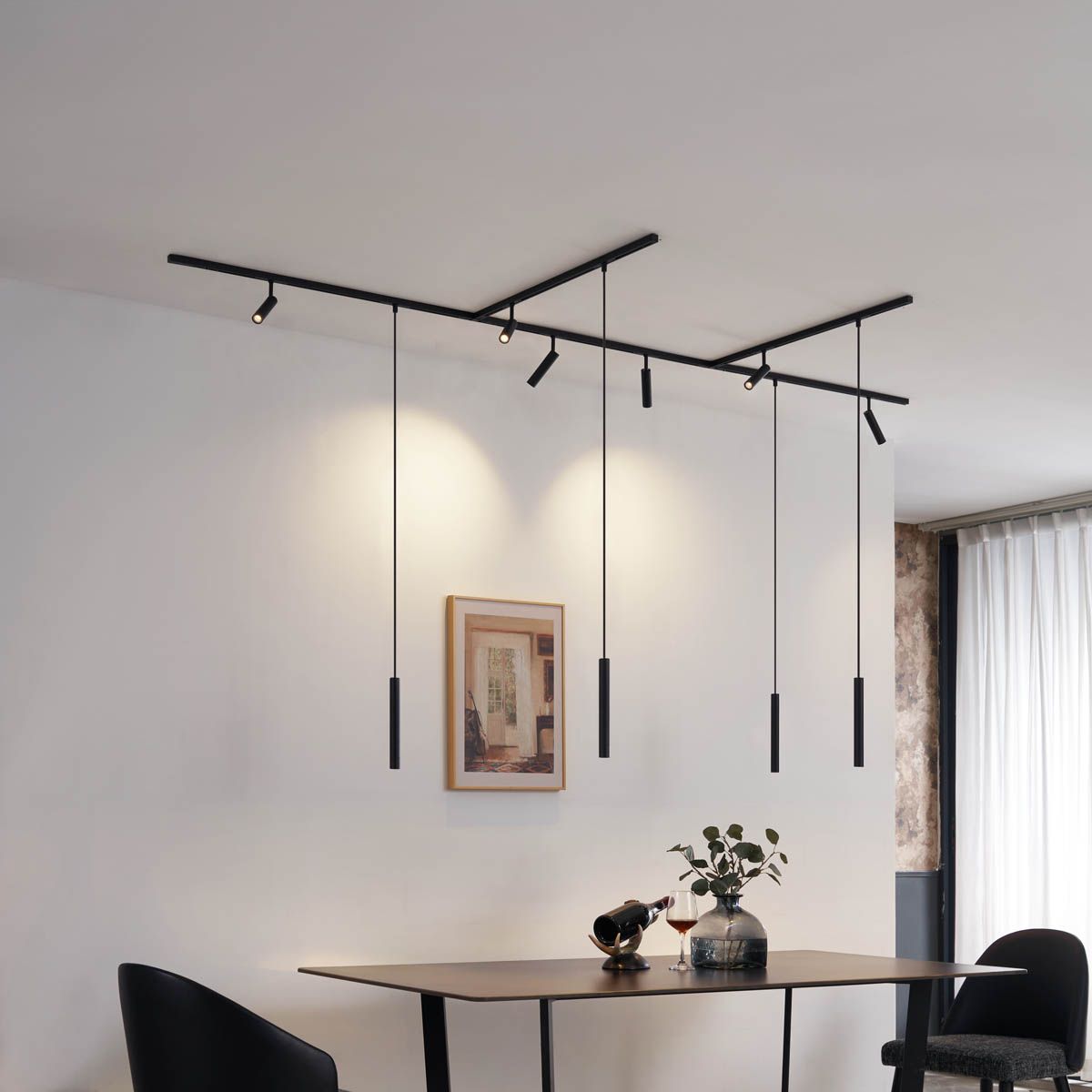 Modern railsysteem met 6 spots en 4 hanglampen zwart 1-fase - Slimline Uzzy Keno