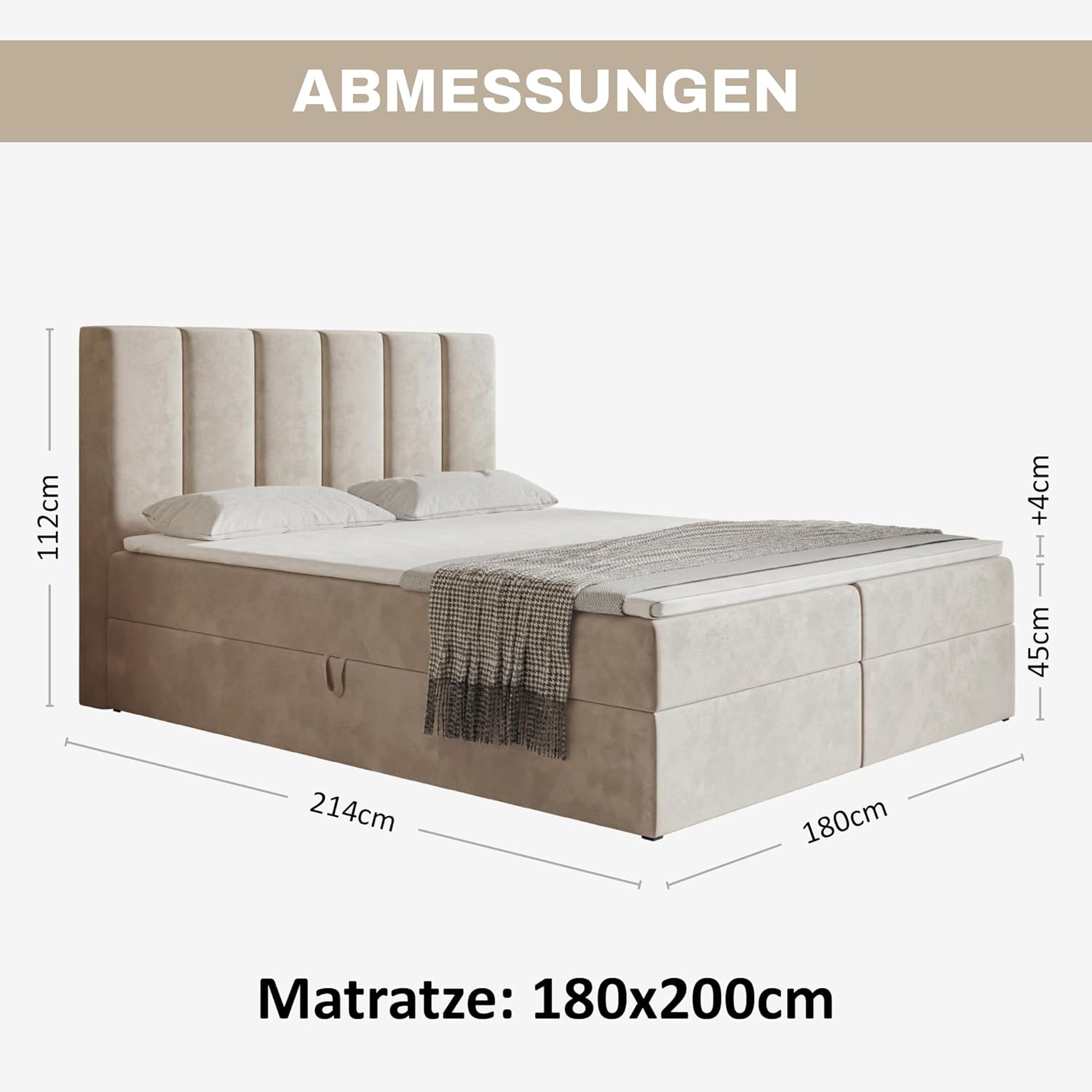 Santiago Boxspringbett 180x200 Beige Samt, mit Bonellfederkern-Matratze (H4), mit T28 Komfortschaumstoff Topper (H3), Boxspringbett 180x200 mit Bettkasten Beige (Creme)