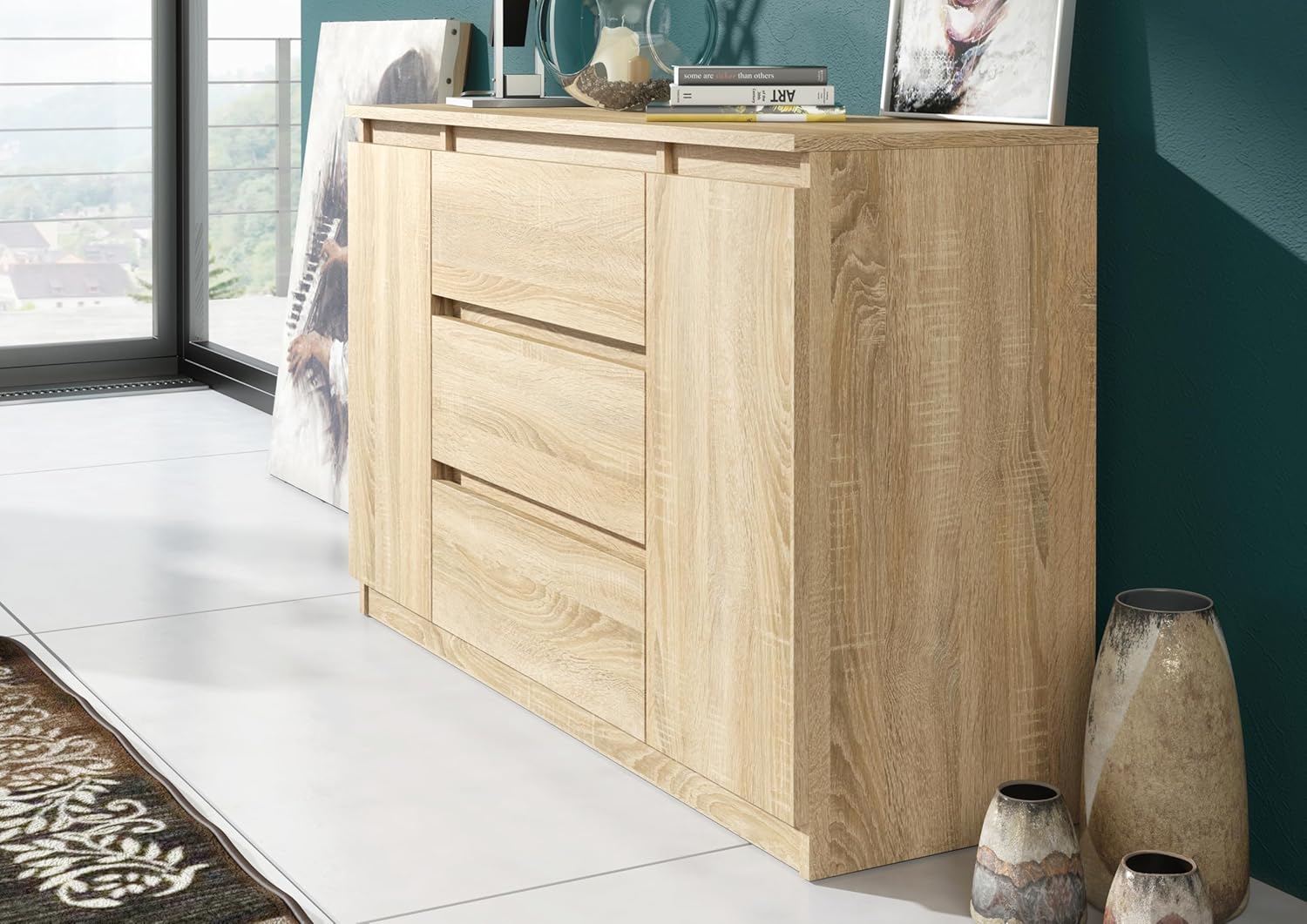 meble masztalerz Kommode 120 cm Breit - Modernes Sideboard - Highboard mit 3 Schubladen - Schubladenschrank - Kommodenschrank für Wohnzimmer, Flur, Schlafzimmer - Sonoma Eiche 120x78,2x39 cm