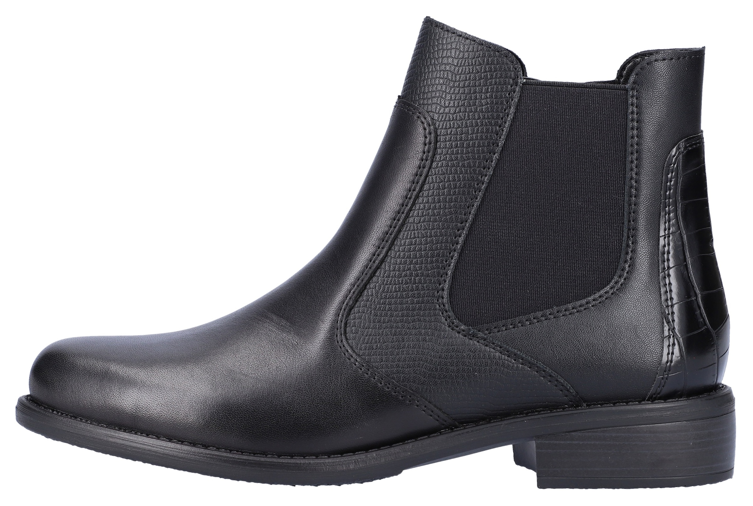 Remonte Chelseaboots  , Blockabsatz, Stiefelette, Businesschuh, Besätze in Reptilienoptik