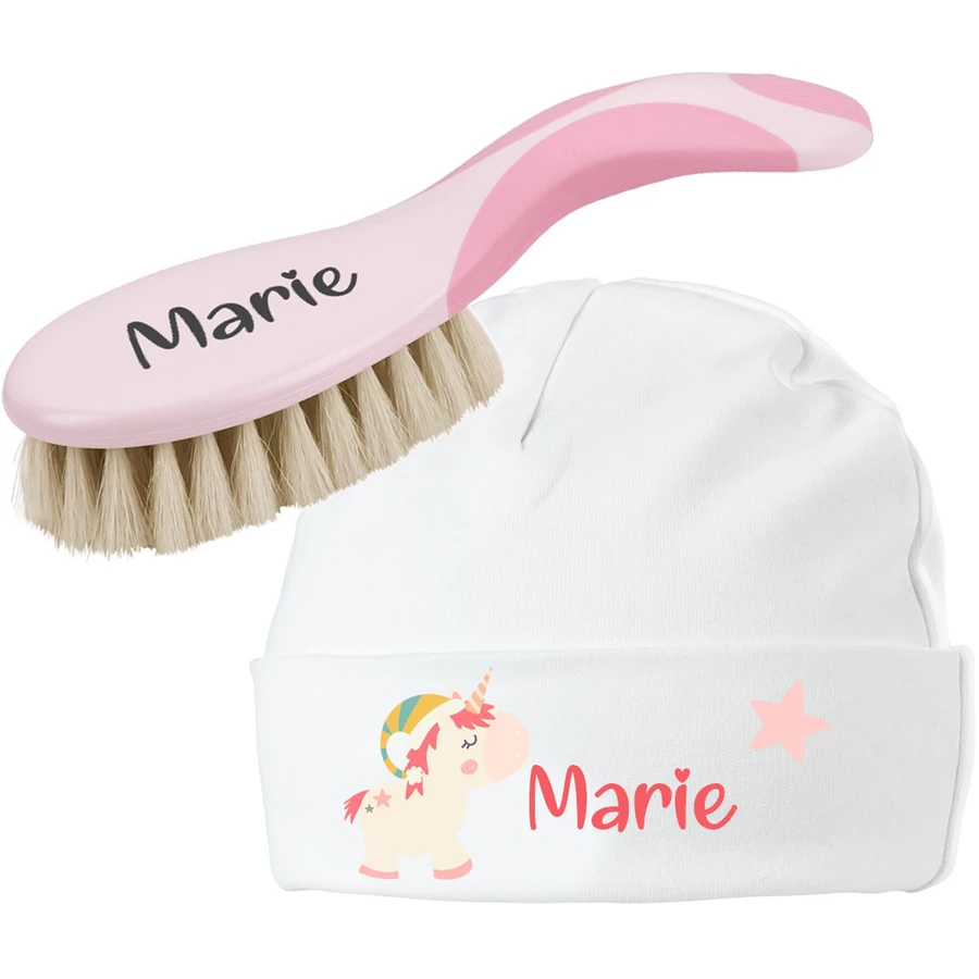 Schnullireich Geschenkset mit Namen NUK Baby bürste mit Namen + Baby Mütze Einhorn Rosa