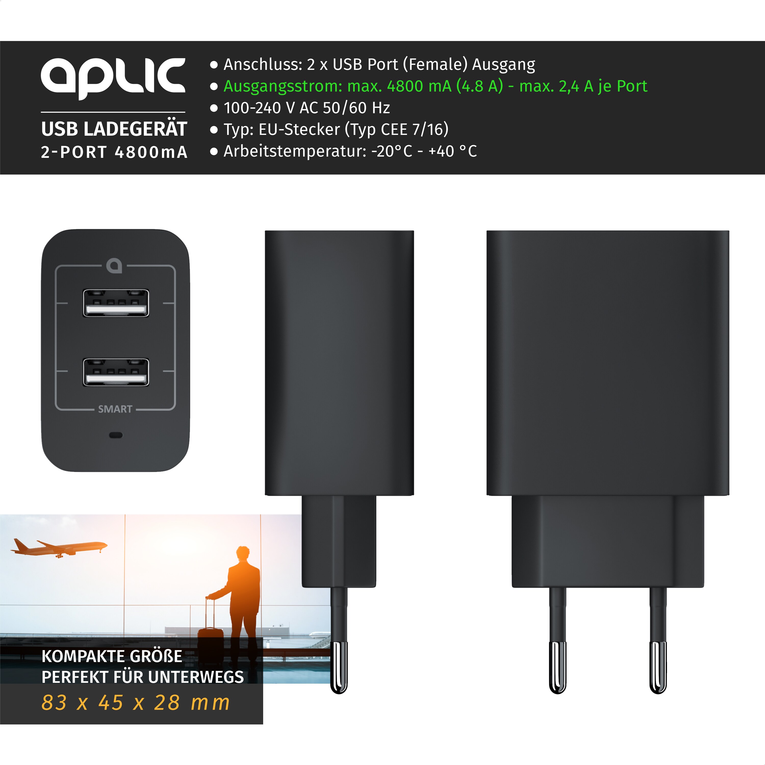 Aplic USB-Ladegerät 4800 mA, 2-Port Netzteil für Handy/Smartphone/Tablet, 4800mA - 2400mA je Port
