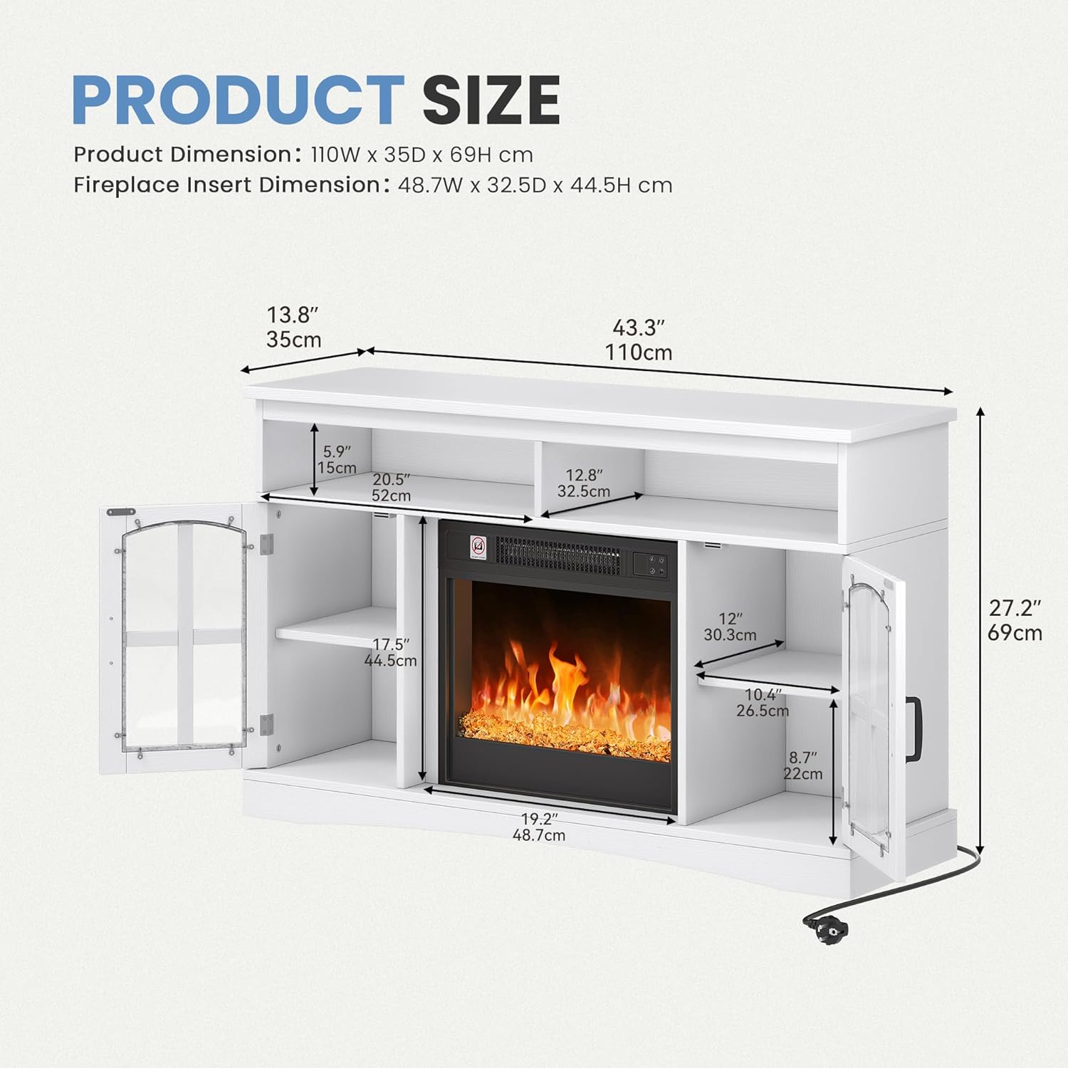 TAUS elektrokamin, elektrischer Kamin, Electric Fireplace für das Wohnzimmer mit flammeneffekt, Einstellbarer Flamme, 1-8 Stunden Timer, Überhitzungsschutz, Heizfunktion & Fernbedienung