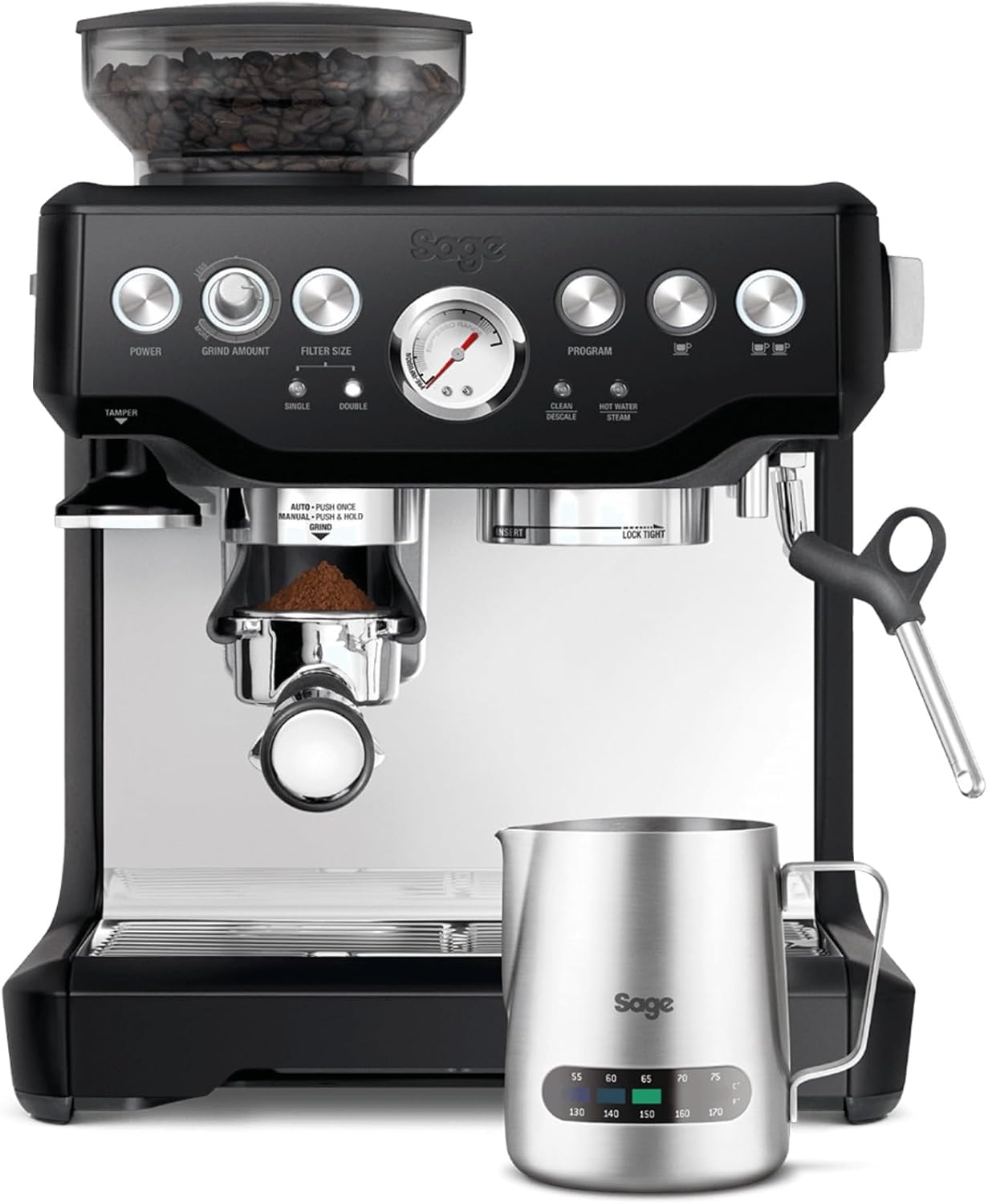 Sage - The Barista Express - Kaffeemaschine mit manuellem Milchaufschäumer & Mahlwerk - Automatisches Mahlen, individueller Milchschaum - Milchkännchen mit Temperaturkontrolle - Schwarzer Trüffel
