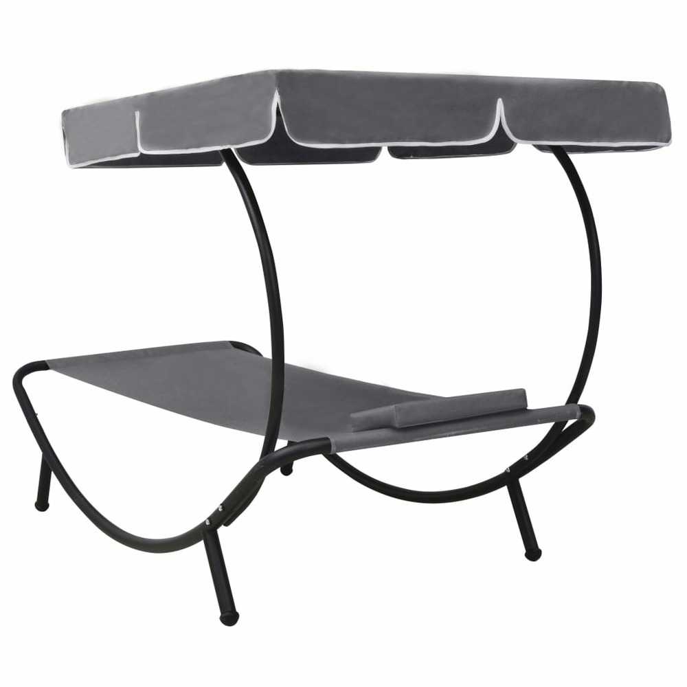Lit de repos transat chaise longue d'extérieur 200 cm avec auvent et oreiller gris