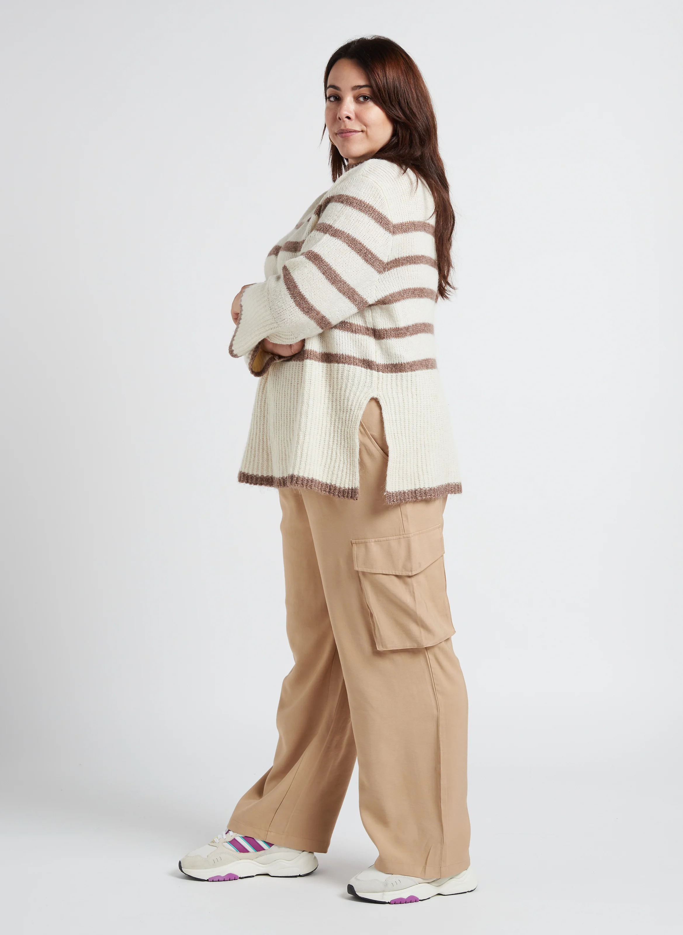 WIONA - Pull col montant à rayures| Beige