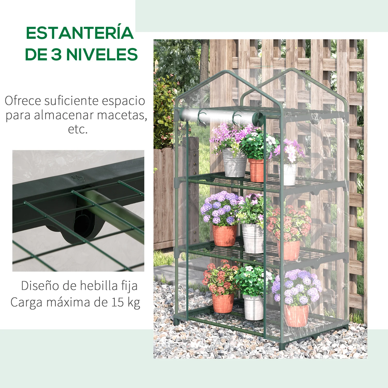 Estufa de jardim Outsunny com 3 prateleiras de metal e porta de enrolar, ideal para cultivo de plantas, flores e vasos em pátios externos, 69x49x125 cm, transparente.