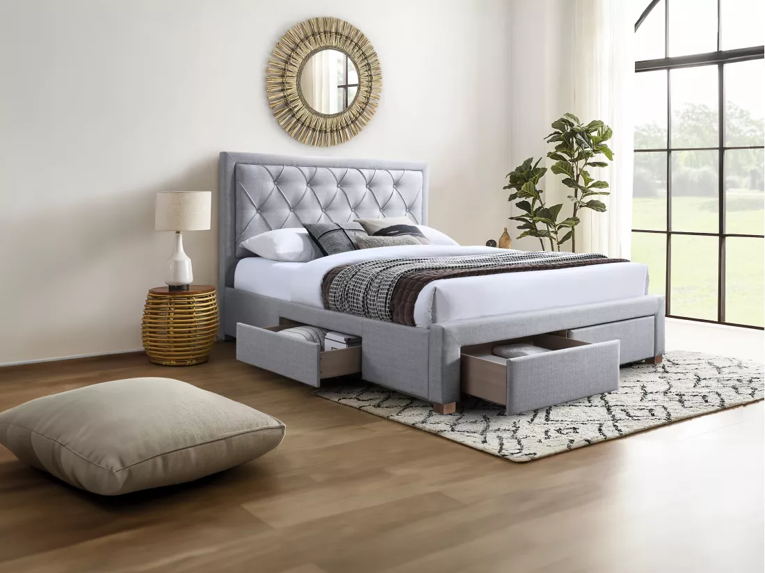 Lit avec tiroirs 140 x 190 cm - Tissu - Gris clair - LEOPOLD