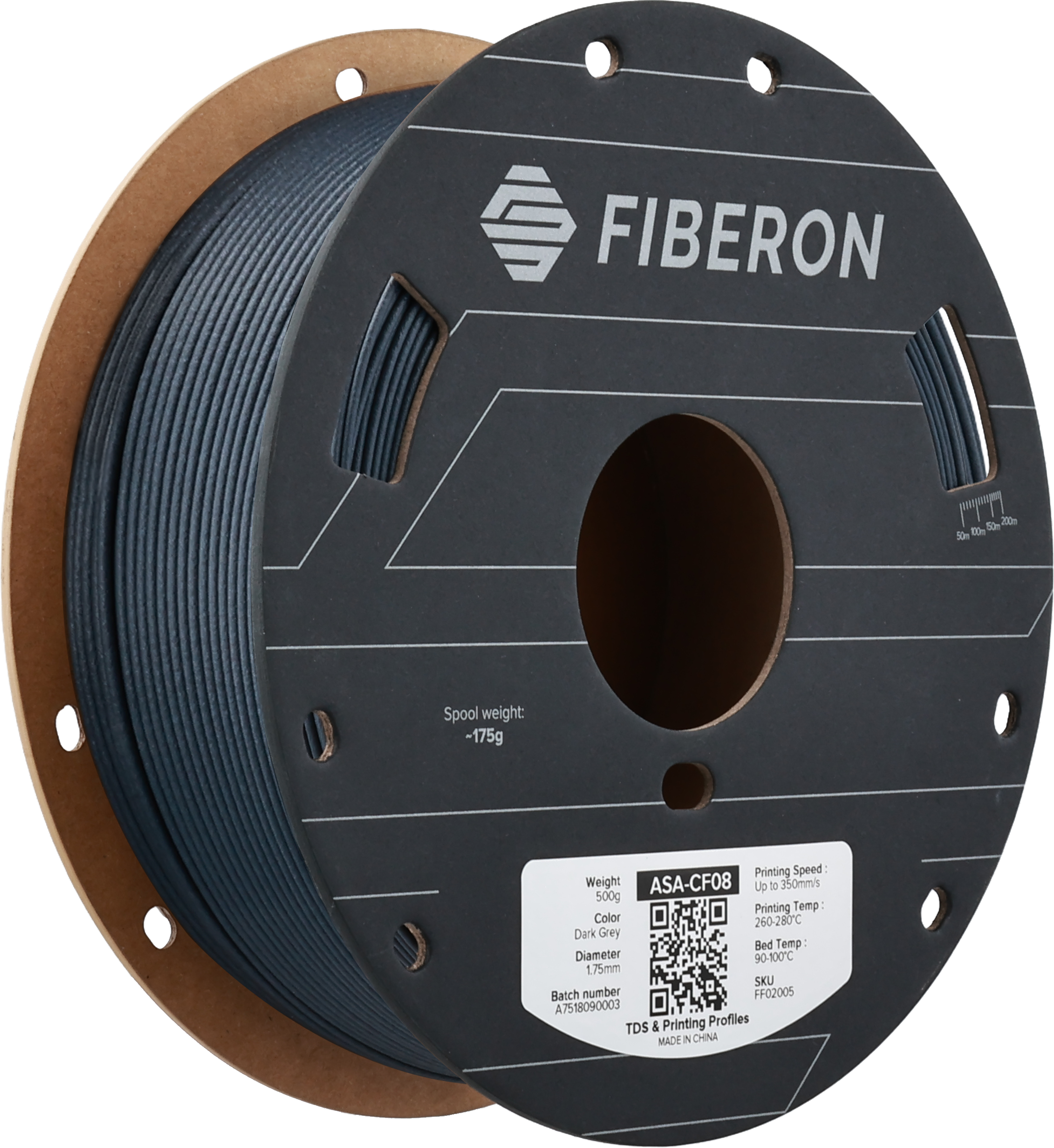 Polymaker  Fiberon™ ASA-CF08 Dark Grey, 1,75 mm / 500 g    Carbonfaserverstärktes ASA Filament für robuste Anwendungen in Dark Grey