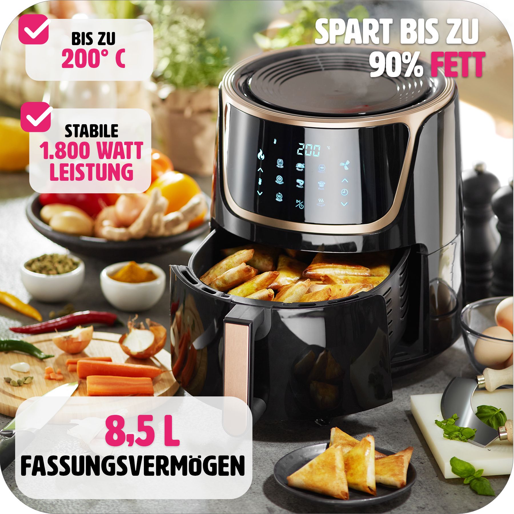 tectake® Heißluftfritteuse, 8,5 l, 1800 W, Timer und Temperatursteuerung, SGS-Zertifikat, inklusive Rezeptheft