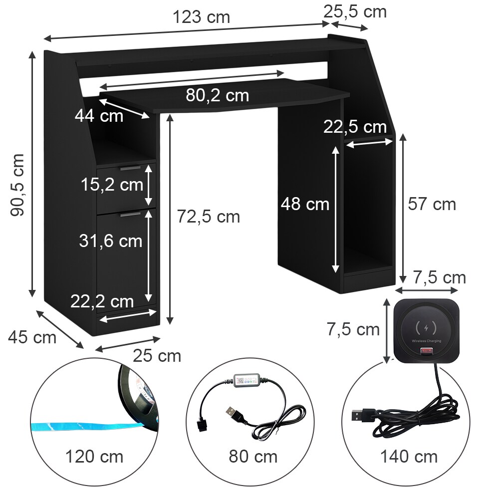 Vicco Gamingtisch Tails 123 x 55 cm Schwarz mit LED & QI Computertisch