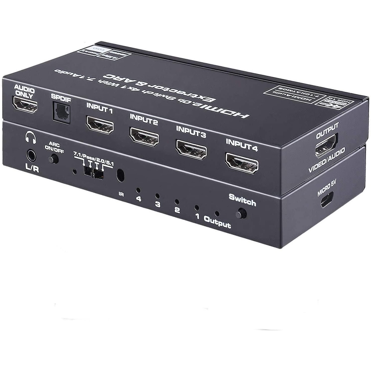 NÖRDIC HDMI Switch 4 til 1 med 7.1 lydekstraktor ARC SPDIF stereo 3,5 mm lyd 4K60hz HDCP2.2 3D HDR10 18Gbps