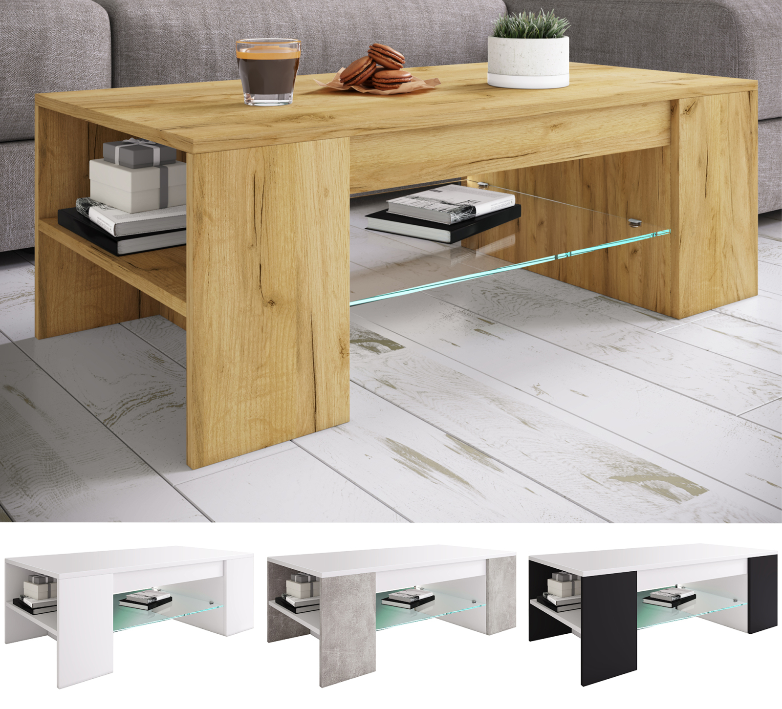 Couchtisch TUNAS - weiß-schwarz - Glasablage - 100 cm