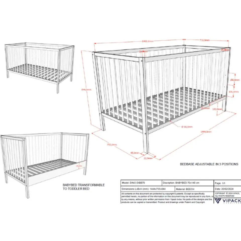 Peuterbed Dino 70x140cm - verstelbaar - dennenhout