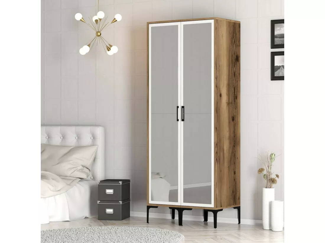 Garde-robe 2 portes Dpret, Meubles de chambre, Penderie de plain-pied, Placard à vêtements, 80x201h48 cm, Noyer et Blanc