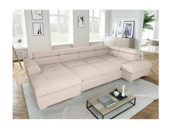 Canapé panoramique 6 places Paola convertible avec 2 coffres en velours côtelé - Beige - L320,5 x P188 x H76cm - Loungitude