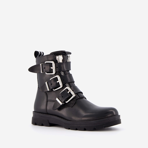Groot leren meisjes biker boots zwart