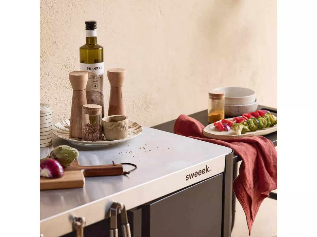 Desserte extérieure ANDY noire mat en acier inoxydable 94.5 cm avec tablette rabattable. L 156 x l 49.5 x H 80 cm