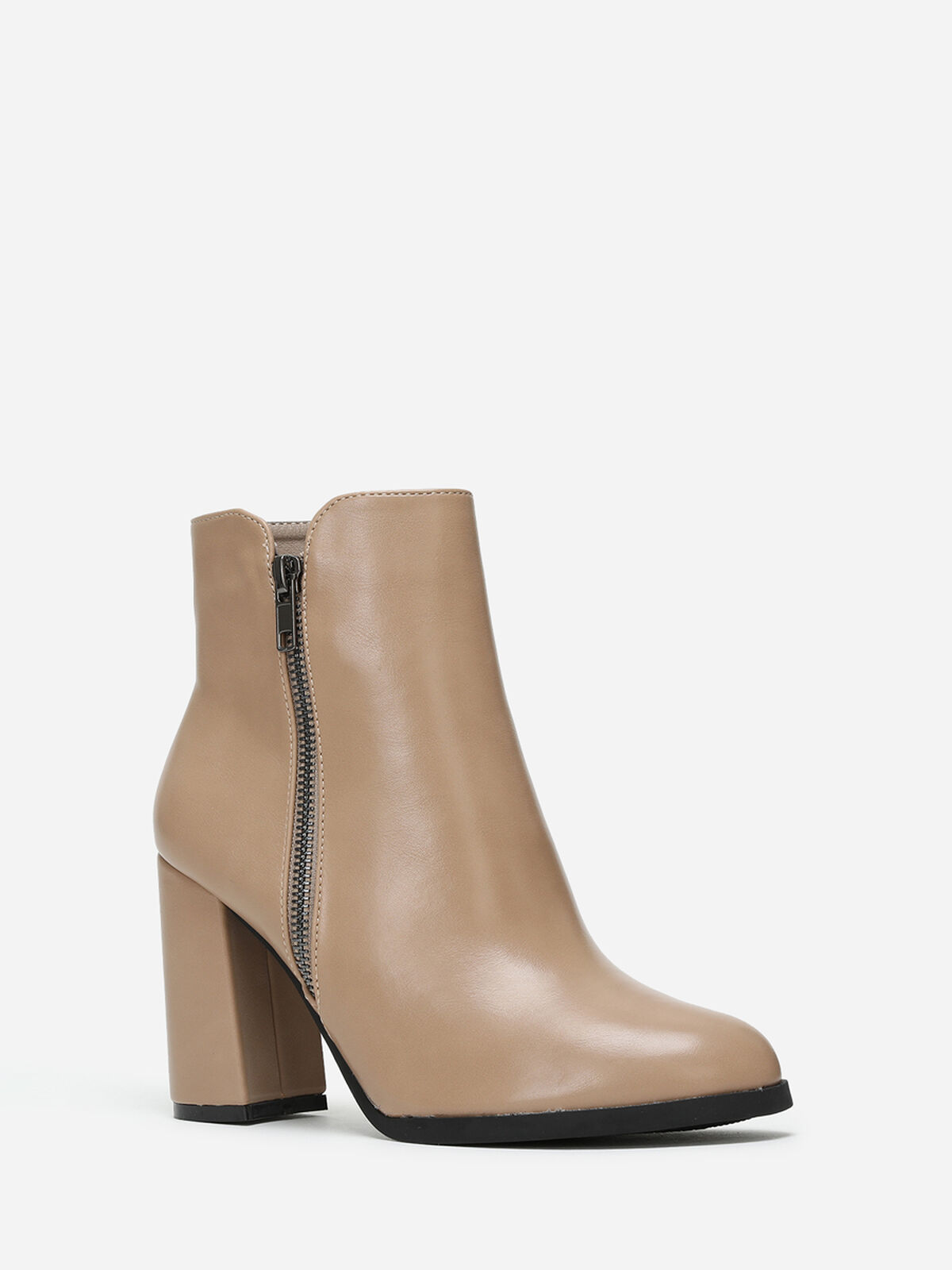 Bottines zippées à talon carré- Taupe