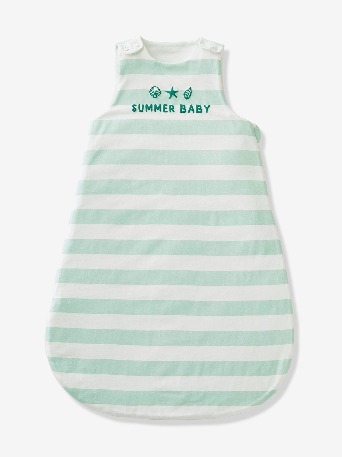 Saco de dormir especial de verão para bebês, verde claro com listras.